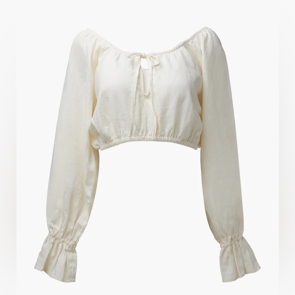 NWT WeWoreWhat On/Off Shoulder Tie Front Linen Blend Top - Picture 6 of 6